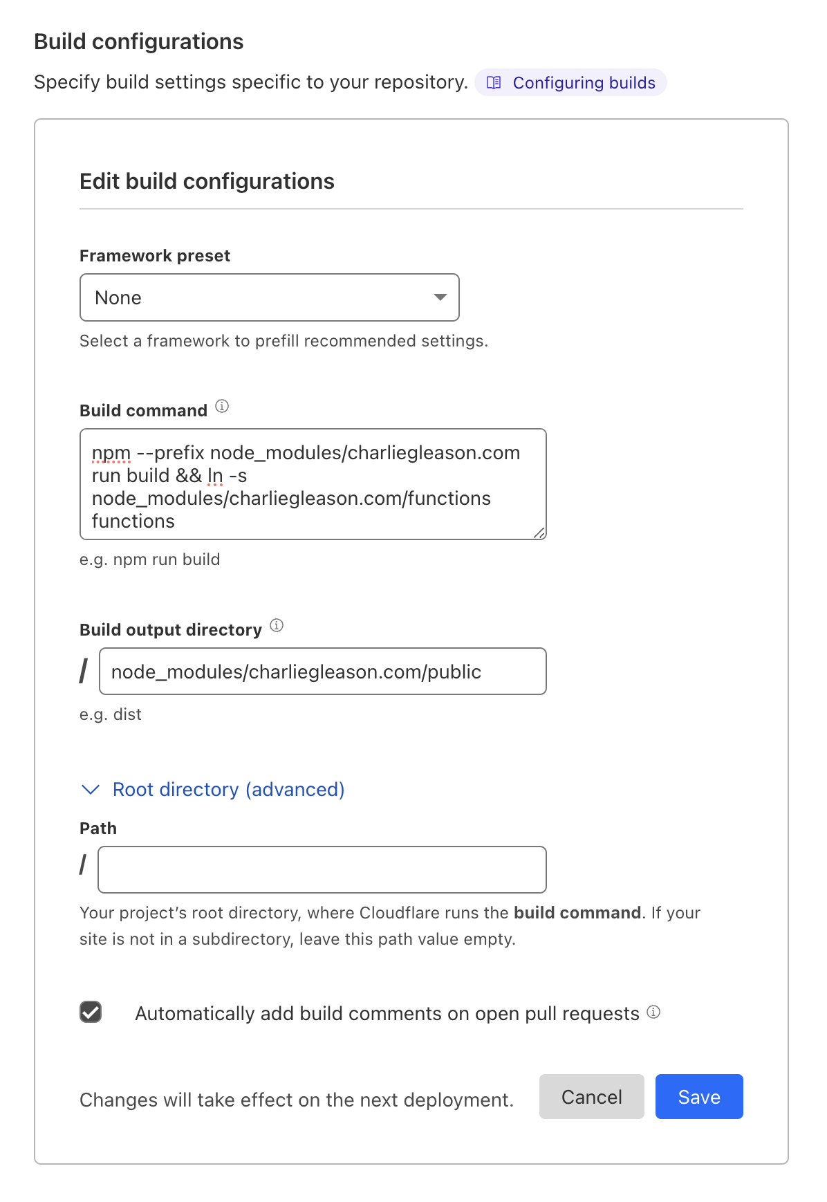 A screenshot of the Cloudflare interface for defining deployment settings